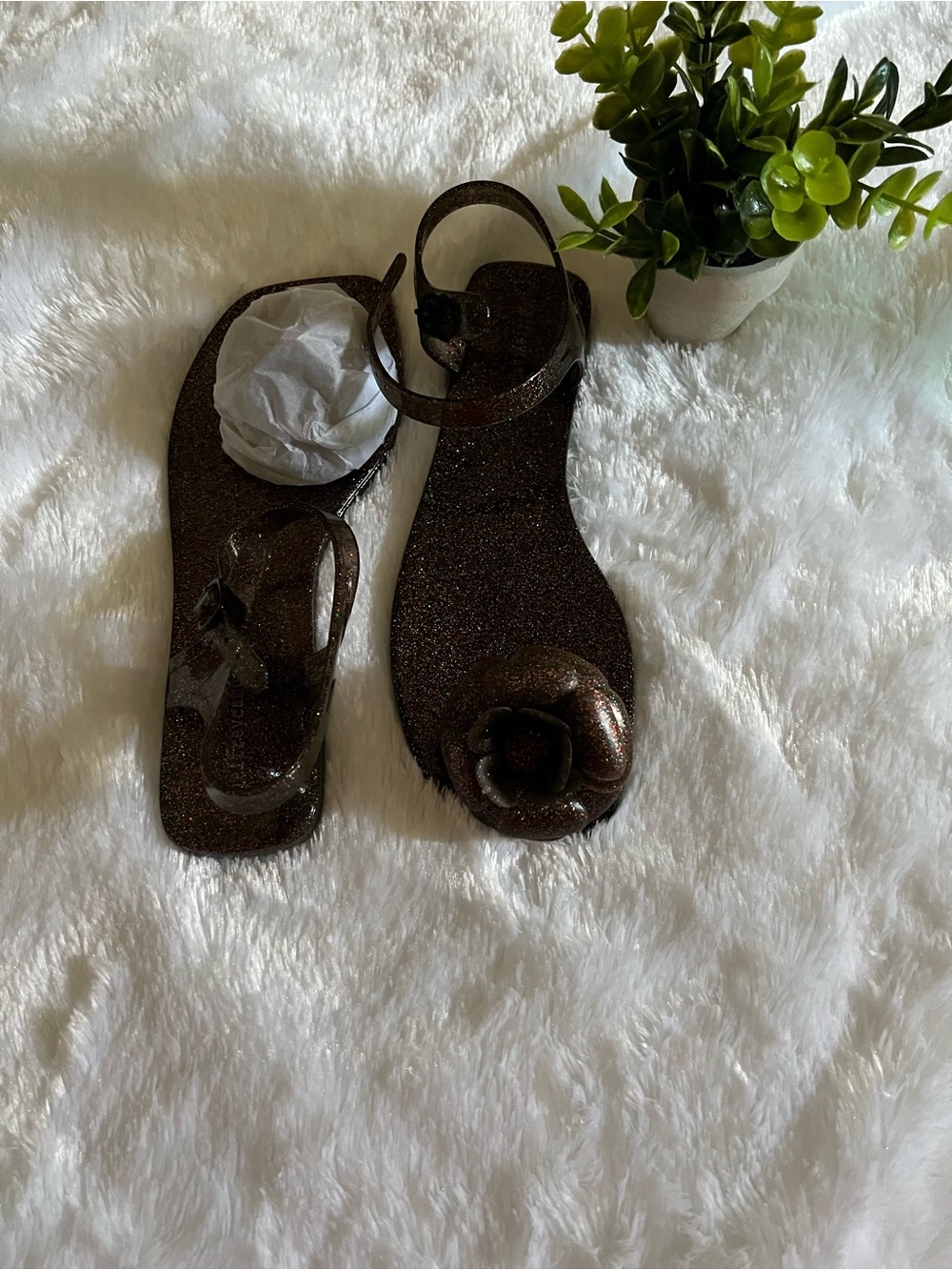 Jeffrey Campbell Brown Glitter Jelly Sandal with Flower Accent
